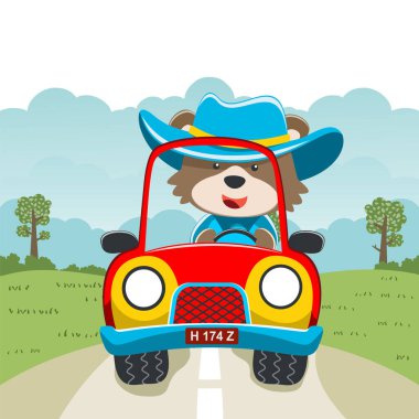 Tatlı ayı araba kullanıyor. Ormandaki komik hayvan çizgi filmine gidiyor. Kumaş, tekstil, bebek odası duvar kâğıdı, poster, kart, broşür için yaratıcı çocuksu bir geçmiş. ve diğer dekorasyon.