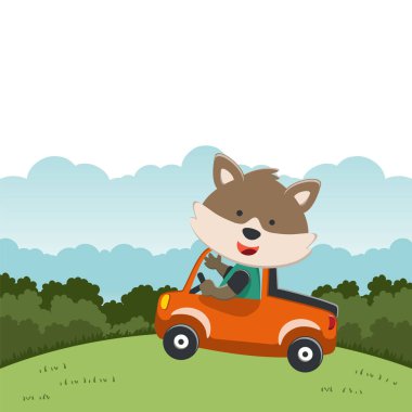 Tatlı ayı araba kullanıyor. Ormandaki komik hayvan çizgi filmine gidiyor. Kumaş, tekstil, bebek odası duvar kâğıdı, poster, kart, broşür için yaratıcı çocuksu bir geçmiş. ve diğer dekorasyon.