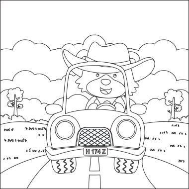 Cute fox driving a car go to forest funny animal cartoon. Childish design for kids activity colouring book or page.
