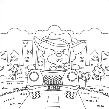 Cute fox driving a car go to forest funny animal cartoon. Childish design for kids activity colouring book or page.