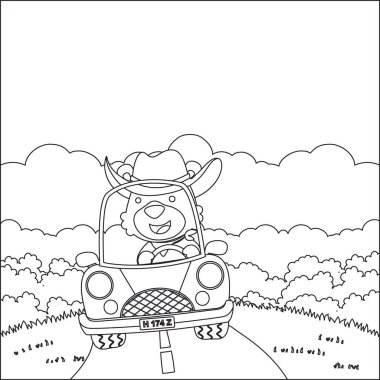 Cute fox driving a car go to forest funny animal cartoon. Childish design for kids activity colouring book or page.