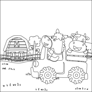 Cute fox driving a car go to forest funny animal cartoon. Childish design for kids activity colouring book or page.