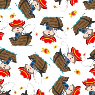 Çizgi film tarzında küçük bir teknede kusursuz bir komik ayı deseni. Tişört baskısı için, çocuklar moda tasarımları, bebek partisi davetiyeleri ve diğer dekorasyonlar için kullanılabilir.