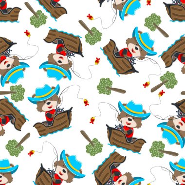 Çizgi film tarzında küçük bir teknede kusursuz bir komik ayı deseni. Tişört baskısı için, çocuklar moda tasarımları, bebek partisi davetiyeleri ve diğer dekorasyonlar için kullanılabilir.