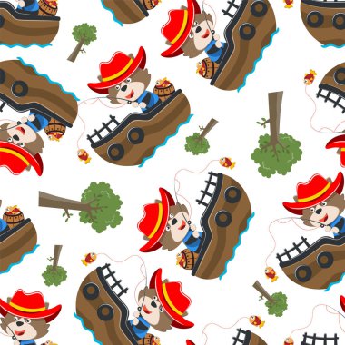 Çizgi film tarzında küçük bir teknede kusursuz bir komik ayı deseni. Tişört baskısı için, çocuklar moda tasarımları, bebek partisi davetiyeleri ve diğer dekorasyonlar için kullanılabilir.