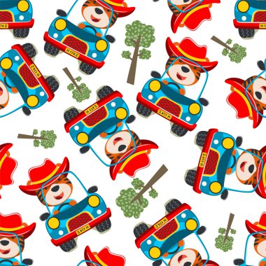 Araba süren şirin tilkinin kusursuz deseni orman komik hayvan çizgi filmine, vektör illüstrasyonuna gidiyor. Vektör çizimi. Çocuklar için T-Shirt Tasarımı. Çocuklar için tasarım ögeleri.