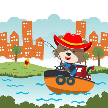 Funny fox cartoon vector on little boat with cartoon style. Creative vector childish background for fabric, textile, nursery wallpaper, poster, card, brochure. and other decoration.