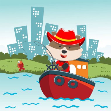 Funny fox cartoon vector on little boat with cartoon style. Creative vector childish background for fabric, textile, nursery wallpaper, poster, card, brochure. and other decoration.
