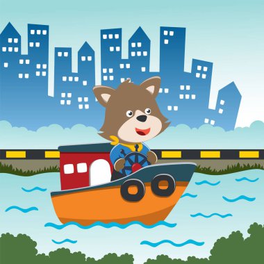 Funny fox cartoon vector on little boat with cartoon style. Creative vector childish background for fabric, textile, nursery wallpaper, poster, card, brochure. and other decoration.