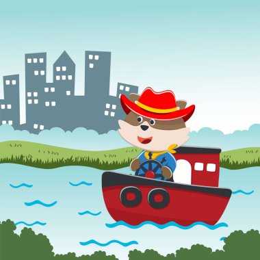 Funny fox cartoon vector on little boat with cartoon style. Creative vector childish background for fabric, textile, nursery wallpaper, poster, card, brochure. and other decoration.