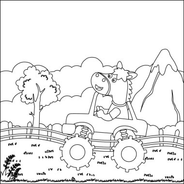 Şirin bir hayvan sürücüsü olan canavar kamyonun vektör çizimi. Çizgi film izole vektör çizimi, çocuk aktivite kitabı veya sayfa boyama için yaratıcı vektör tasarımı.