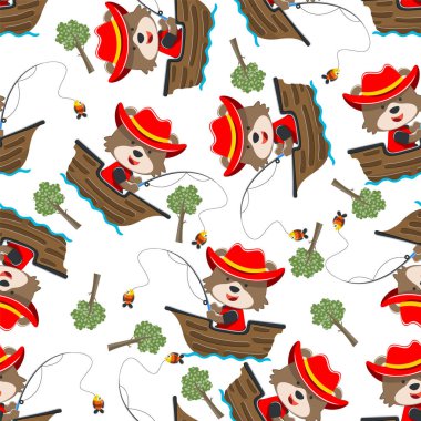 Çizgi film tarzında küçük bir teknede kusursuz bir komik ayı deseni. Tişört baskısı için, çocuklar moda tasarımları, bebek partisi davetiyeleri ve diğer dekorasyonlar için kullanılabilir.