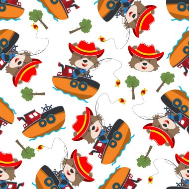 Çizgi film tarzında küçük bir teknede kusursuz bir komik ayı deseni. Tişört baskısı için, çocuklar moda tasarımları, bebek partisi davetiyeleri ve diğer dekorasyonlar için kullanılabilir.
