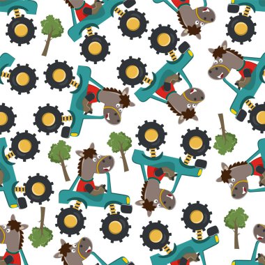 Hayvan sürücüsü olan canavar kamyonun kusursuz desenli taşıyıcısı. Kumaş tekstil, çocuk odası arka planı, bebek kıyafetleri, poster, ambalaj kağıdı ve diğer dekorasyonlar için yaratıcı vektör çocuksu arka plan.