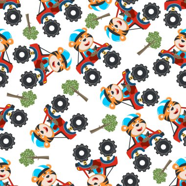 Hayvan sürücüsü olan canavar kamyonun kusursuz desenli taşıyıcısı. Kumaş tekstil, çocuk odası arka planı, bebek kıyafetleri, poster, ambalaj kağıdı ve diğer dekorasyonlar için yaratıcı vektör çocuksu arka plan.