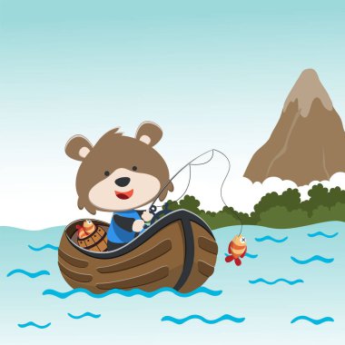 Çizgi film stiliyle yelkenlide balık tutan sevimli ayı resimlerinin vektör çizimi. Tişört baskısı için, çocuklar moda tasarımı, kumaş tekstil, çocuk odası duvar kağıdı ve poster için kullanılabilir..