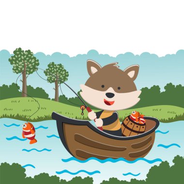 Çizgi film stiliyle yelkenlide balık tutan sevimli ayı resimlerinin vektör çizimi. Tişört baskısı için, çocuklar moda tasarımı, kumaş tekstil, çocuk odası duvar kağıdı ve poster için kullanılabilir..