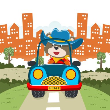 Tatlı ayı araba kullanıyor. Ormandaki komik hayvan çizgi filmine gidiyor. Kumaş, tekstil, bebek odası duvar kâğıdı, poster, kart, broşür için yaratıcı çocuksu bir geçmiş. ve diğer dekorasyon.