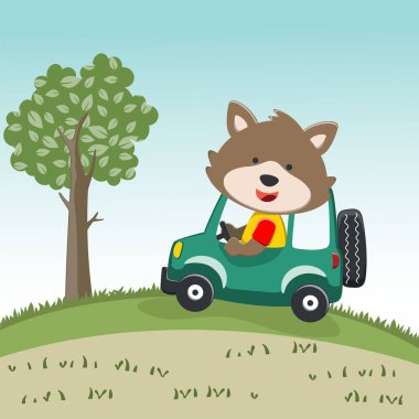 Tatlı ayı araba kullanıyor. Ormandaki komik hayvan çizgi filmine gidiyor. Kumaş, tekstil, bebek odası duvar kâğıdı, poster, kart, broşür için yaratıcı çocuksu bir geçmiş. ve diğer dekorasyon.