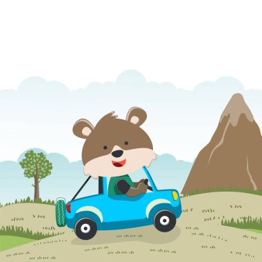 Tatlı ayı araba kullanıyor. Ormandaki komik hayvan çizgi filmine gidiyor. Kumaş, tekstil, bebek odası duvar kâğıdı, poster, kart, broşür için yaratıcı çocuksu bir geçmiş. ve diğer dekorasyon.