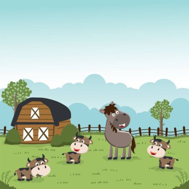 Happy horse cartoon in the farm with barn and green field and little cow. Nature and country concept. Vector childish background for fabric textile, nursery wallpaper, poster and other decoration.