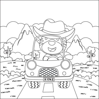 Cute fox driving a car go to forest funny animal cartoon. Childish design for kids activity colouring book or page.