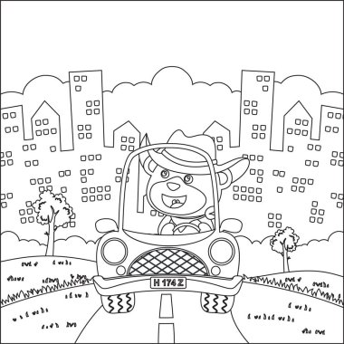 Cute fox driving a car go to forest funny animal cartoon. Childish design for kids activity colouring book or page.