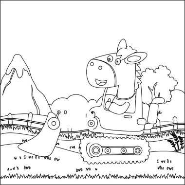 Çocuk aktivite kitabı ya da sayfa boyama için sevimli hayvan yaratıcı vektör çocuk tasarımı ile ağır aracın vektör illüstrasyonu.