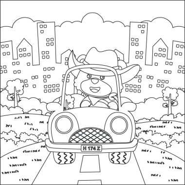 Cute fox driving a car go to forest funny animal cartoon. Childish design for kids activity colouring book or page.