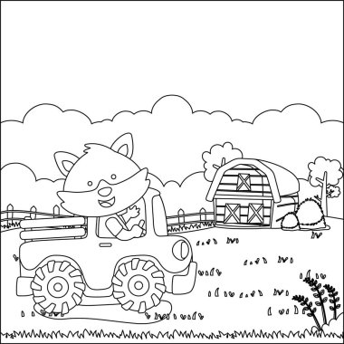 Cute fox driving a car go to forest funny animal cartoon. Childish design for kids activity colouring book or page.