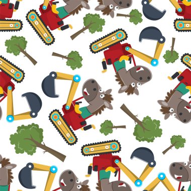 Seamless pattern of Cute little horse on a red excavator. Can be used for t-shirt print, kids wear fashion design, print for t-shirts, baby clothes, poster. and other decoration.