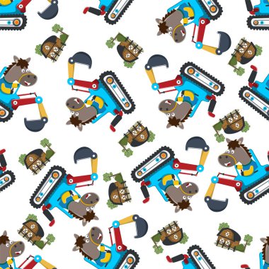 Seamless pattern of Cute little horse on a red excavator. Can be used for t-shirt print, kids wear fashion design, print for t-shirts, baby clothes, poster. and other decoration.
