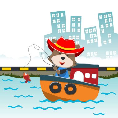 Funny fox cartoon vector on little boat with cartoon style. Creative vector childish background for fabric, textile, nursery wallpaper, poster, card, brochure. and other decoration.