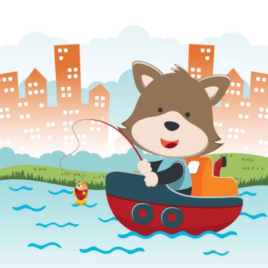Funny fox cartoon vector on little boat with cartoon style. Creative vector childish background for fabric, textile, nursery wallpaper, poster, card, brochure. and other decoration.
