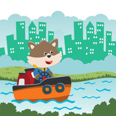 Funny fox cartoon vector on little boat with cartoon style. Creative vector childish background for fabric, textile, nursery wallpaper, poster, card, brochure. and other decoration.