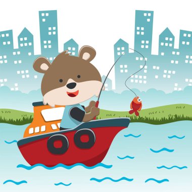 Funny fox cartoon vector on little boat with cartoon style. Creative vector childish background for fabric, textile, nursery wallpaper, poster, card, brochure. and other decoration.