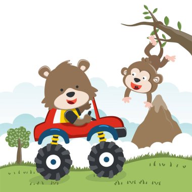 Komik hayvan sürücüsüyle canavar kamyonun vektör çizimi. Tişört baskısı için kullanılabilir, çocuklar moda tasarımı giyebilir, davetiye kartı takabilir. kumaş, tekstil, çocuk odası duvar kağıdı, poster ve diğer dekorasyonlar