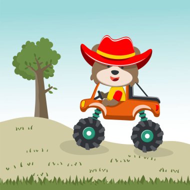 Komik hayvan sürücüsüyle canavar kamyonun vektör çizimi. Tişört baskısı için kullanılabilir, çocuklar moda tasarımı giyebilir, davetiye kartı takabilir. kumaş, tekstil, çocuk odası duvar kağıdı, poster ve diğer dekorasyonlar
