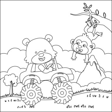 Şirin bir hayvan sürücüsü olan canavar kamyonun vektör çizimi. Çizgi film izole vektör çizimi, çocuk aktivite kitabı veya sayfa boyama için yaratıcı vektör tasarımı.