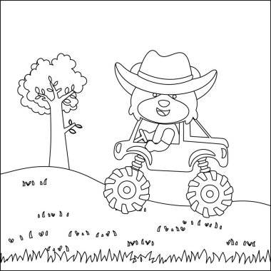 Şirin bir hayvan sürücüsü olan canavar kamyonun vektör çizimi. Çizgi film izole vektör çizimi, çocuk aktivite kitabı veya sayfa boyama için yaratıcı vektör tasarımı.