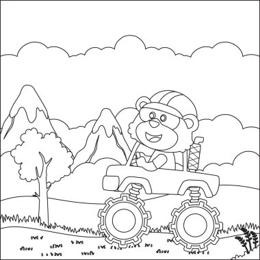 Şirin bir hayvan sürücüsü olan canavar kamyonun vektör çizimi. Çizgi film izole vektör çizimi, çocuk aktivite kitabı veya sayfa boyama için yaratıcı vektör tasarımı.