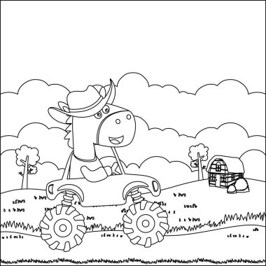 Şirin bir hayvan sürücüsü olan canavar kamyonun vektör çizimi. Çizgi film izole vektör çizimi, çocuk aktivite kitabı veya sayfa boyama için yaratıcı vektör tasarımı.