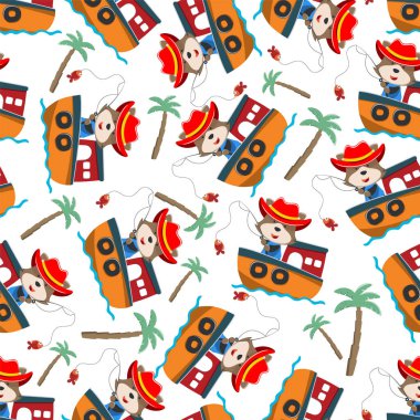 Çizgi film tarzında küçük bir teknede kusursuz bir komik ayı deseni. Tişört baskısı için, çocuklar moda tasarımları, bebek partisi davetiyeleri ve diğer dekorasyonlar için kullanılabilir.