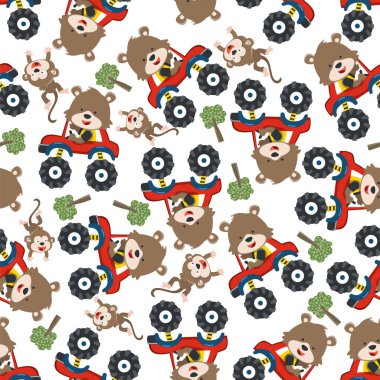 Hayvan sürücüsü olan canavar kamyonun kusursuz desenli taşıyıcısı. Kumaş tekstil, çocuk odası arka planı, bebek kıyafetleri, poster, ambalaj kağıdı ve diğer dekorasyonlar için yaratıcı vektör çocuksu arka plan.