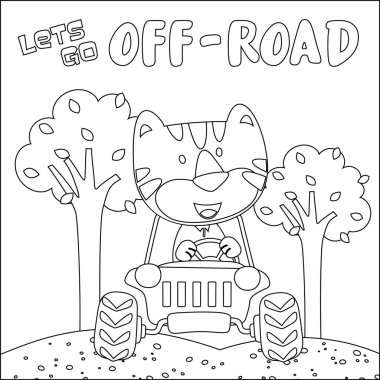 Tatlı kaplan çizgi filmi güneşli bir günde araba sürerken eğleniyor. Çizgi film izole vektör çizimi, çocuk aktivite kitabı veya sayfa boyama için yaratıcı vektör tasarımı.