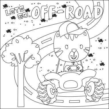 Tatlı kaplan çizgi filmi güneşli bir günde araba sürerken eğleniyor. Çizgi film izole vektör çizimi, çocuk aktivite kitabı veya sayfa boyama için yaratıcı vektör tasarımı.