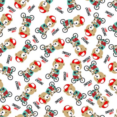 Colorful seamless pattern with cute cartoon teddy bear riding bicycle . Endless texture for fabric, baby clothes, background, textile, wallpaper and other decoration.
