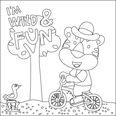 Cool tiger and motorcycle funny animal cartoon. Creative vector childish design for kids activity coloring book or page.