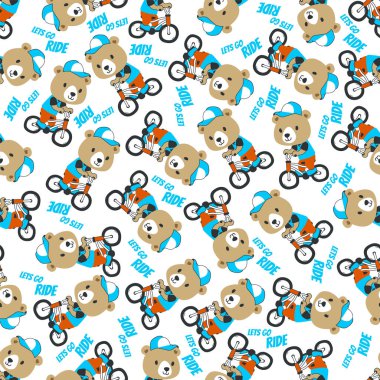 Colorful seamless pattern with cute cartoon bear riding bicycle . Endless texture for fabric, baby clothes, background, textile, wallpaper and other decoration.