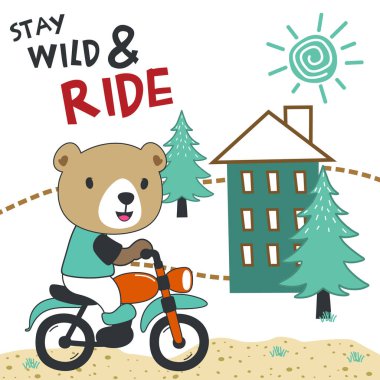 Vector illustration of cute little bear ride motorcycle. Creative vector childish background for fabric, textile, nursery wallpaper, poster, card, brochure. and other decoration.